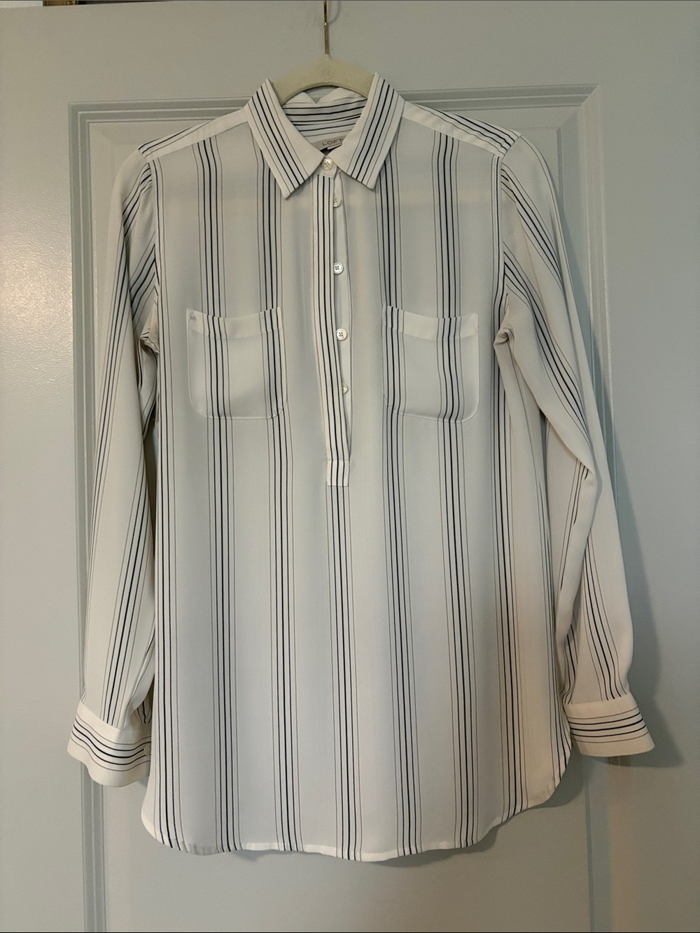 LOFT White Shirt with Navy Vertical Stripes